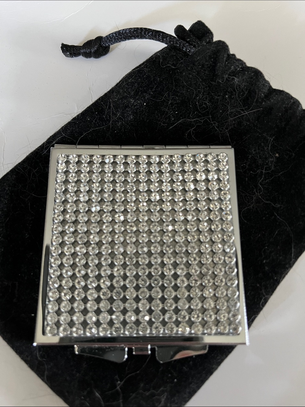 Crystal-Studded Compact Mirror Card Holder - Silver